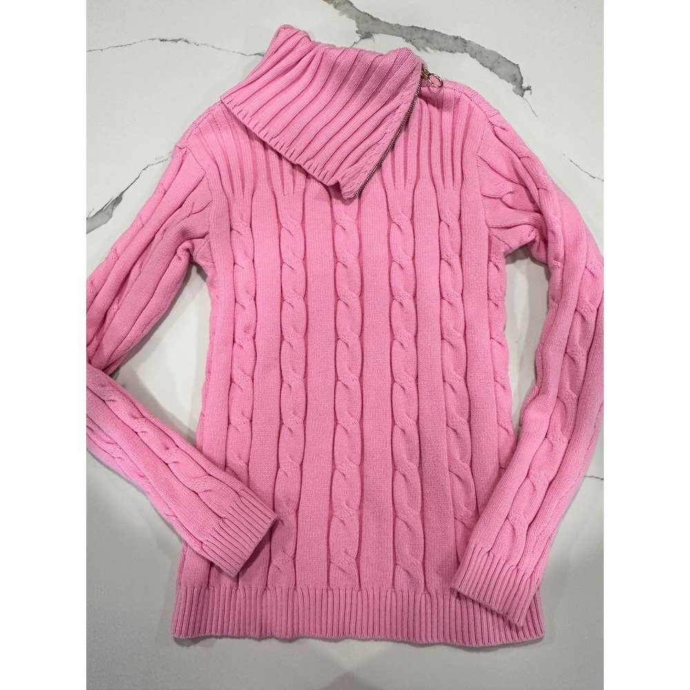 Talbots Pink Cable Knit Side Zip Turtleneck Sweater Womens Small Cotton Wool Mix
